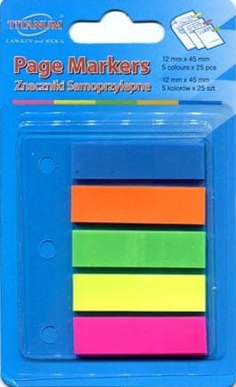 Zakładki samoprzylepne Titanum Fluo 12 × 45 mm, 5 kolorów, 125 szt. Wykonane z folii PP, idealne do indeksowania dokumentów i notatek.