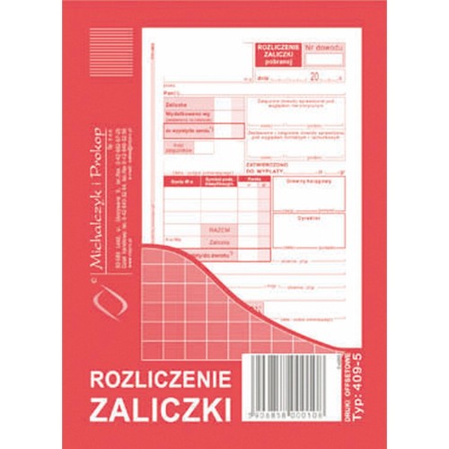 Rozliczenie zaliczki 409-5 A6 Michalczyk i Prokop – druk dwustronny, bloczek 40 kartek.