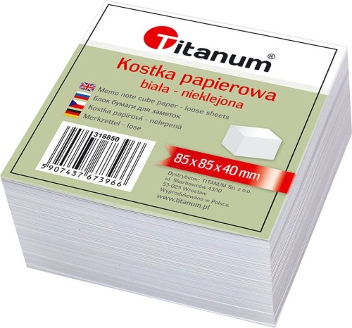 Kostka papierowa Titanum 85 × 85 × 40 mm – biała, nieklejona, do notatek i standardowych pojemników.
