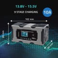 Qoltec Mikroprocesorowa ładowarka 12V 10A | Prostownik z funkcją naprawy do akumulatora AGM GEL LiFePO4 | LCD