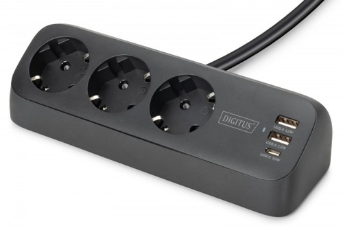 Digitus Listwa zasilająca biurkowa, 3 gniazda Schuko, 2x USB-A (2x 12W), 1x USB-C (30W) z zaciskiem na blat, kabel 1,5m, czarna