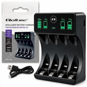 Qoltec Ładowarka do akumulatorków Ni-MH typu R03 AAA R6 AA | LCD | kabelUSB-C