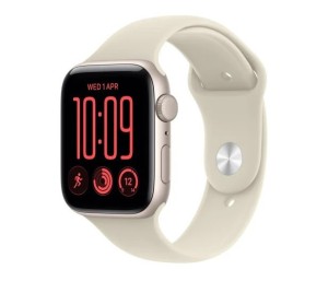 Apple Smartwatch Watch SE 3 GPS, koperta 44mm z aluminium w kolorze księżycowej poświaty, pasek sportowy w kolorze piaskowym - rozmiar M/L