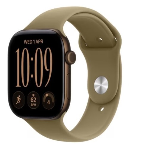 Apple Watch seria 12 GPS+Cellular, koperta 42 mm z aluminium w kolorze ciemnego brązu, pasek sportowy w kolorze oliwki - rozmiar M/L