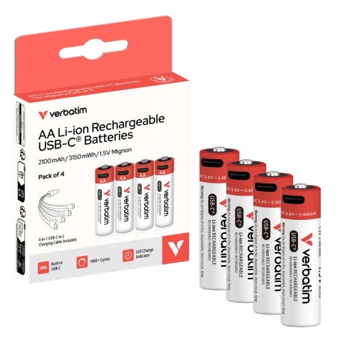 Verbatim Akumulatory AA USB-C 2100mAh 3150mWh  4 szt + kabel USB-C